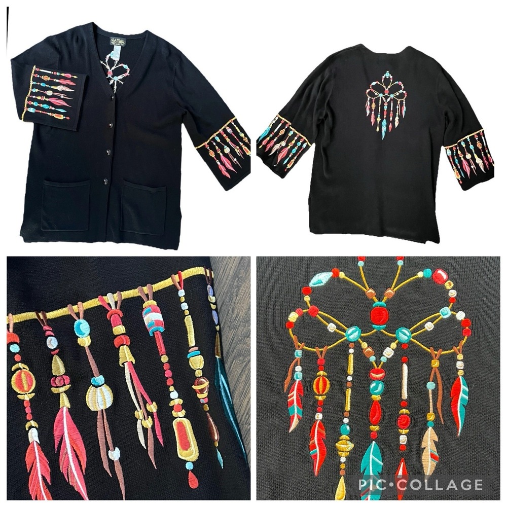 Bob Mackie Cardigan Sweater L Art Embroidered Feathers Artsy Aztec Southwest VTG